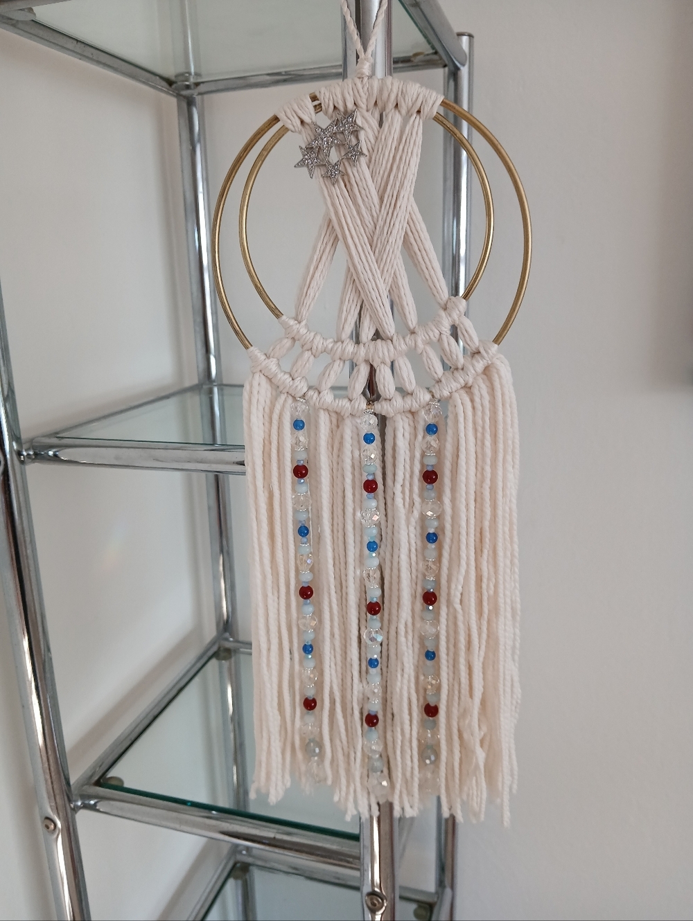 Handmade Macrame Wall Hanging with Beaded Fringe - Cream, Red & Blue